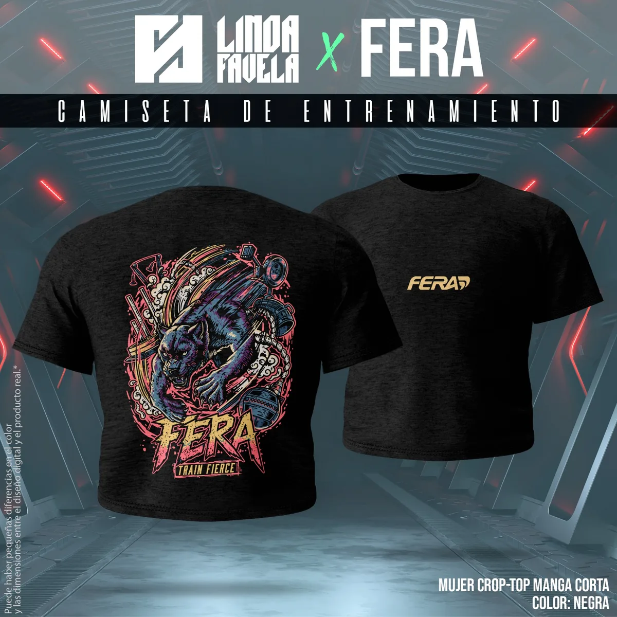 Camiseta oficial FERA crop-top de mujer en negro — colección LINDA FAVELA x FERA