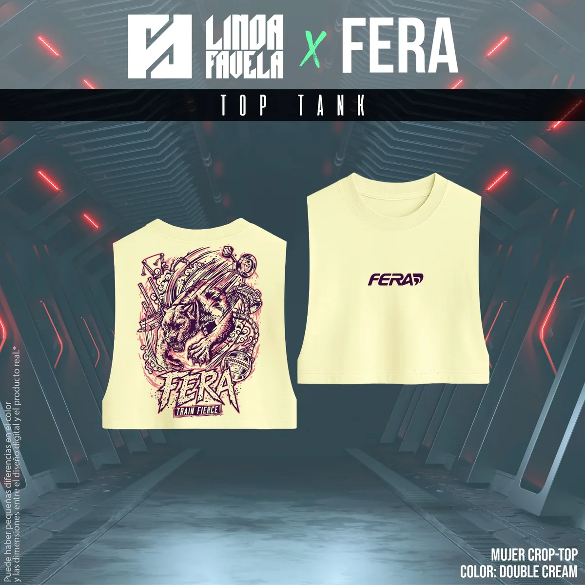 Top tank oversize oficial FERA crop-top de mujer en color cream — colección LINDA FAVELA x FERA