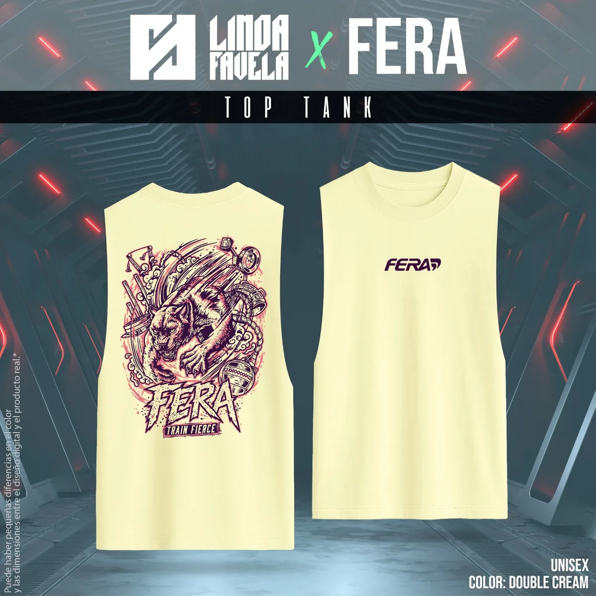 Top tank oversize oficial FERA unisex en color cream — colección LINDA FAVELA x FERA